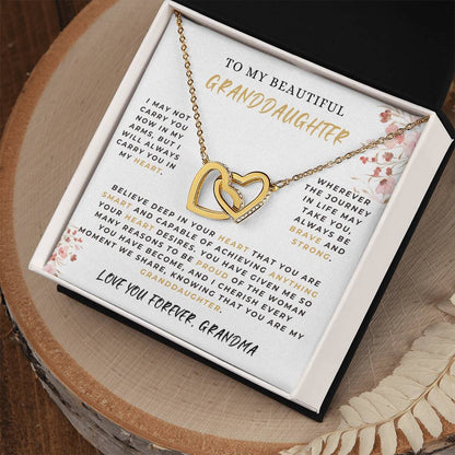 To My Beautiful Granddaughter. "I May Not Carry You In My Arms..." -  Interlocking Hearts Necklace