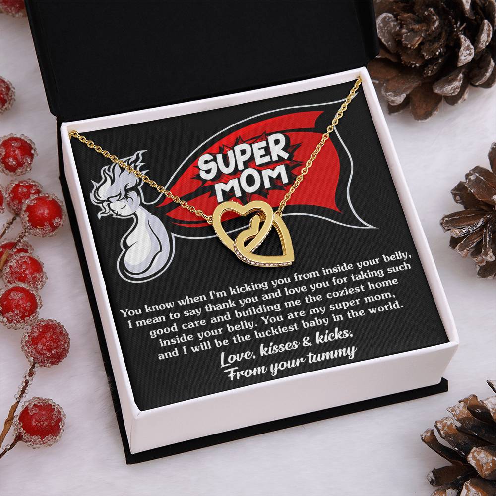 SUPER MOM - "You Are A Super Mom... Love, Kisses & Kicks From My Tummy." - Interlocking Hearts Necklace