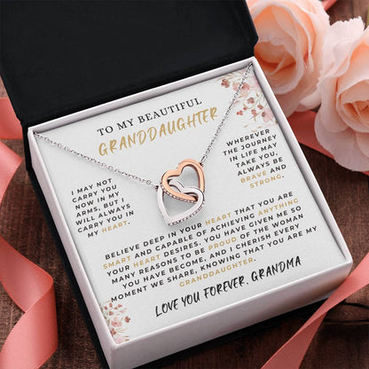 To My Beautiful Granddaughter. "I May Not Carry You In My Arms..." -  Interlocking Hearts Necklace