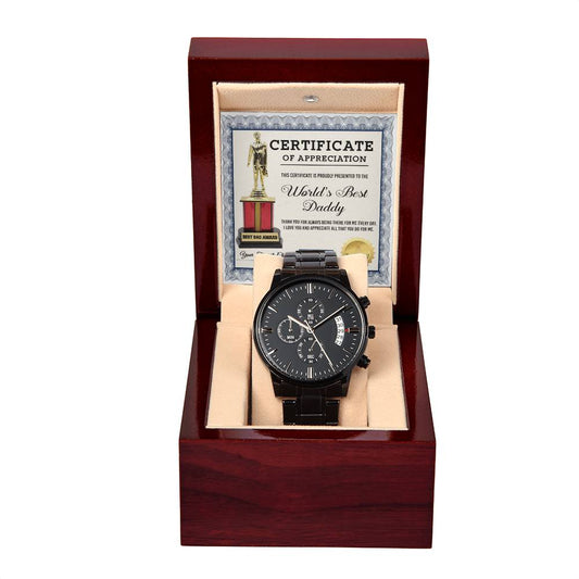 CERTIFFICATE OF APPRECIATION - "WORLD'S BEST DADDY" - Black Chronograph Men's Watch