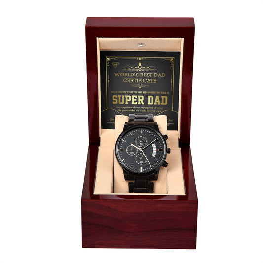 WORLD'S BEST DAD CERTIFICATE - "SUPER DAD" - Black Chronograph Men's Watch