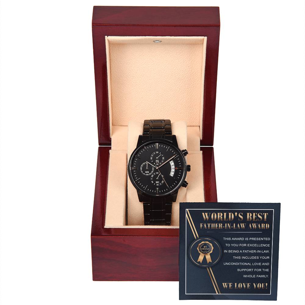 WORLD'S BEST FATHER-IN-LAW AWARD  "WE LOVE YOU!" - Black Chronograph Men's Watch