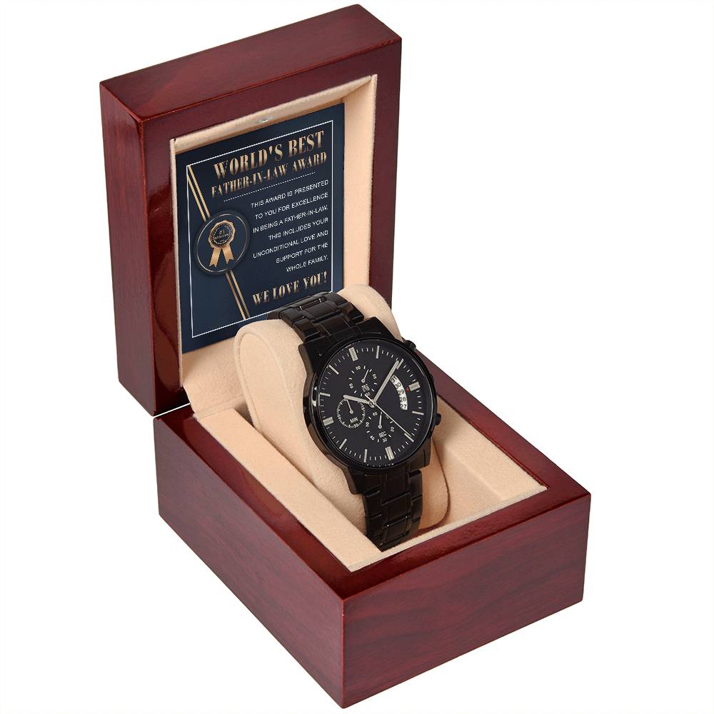 WORLD'S BEST FATHER-IN-LAW AWARD  "WE LOVE YOU!" - Black Chronograph Men's Watch