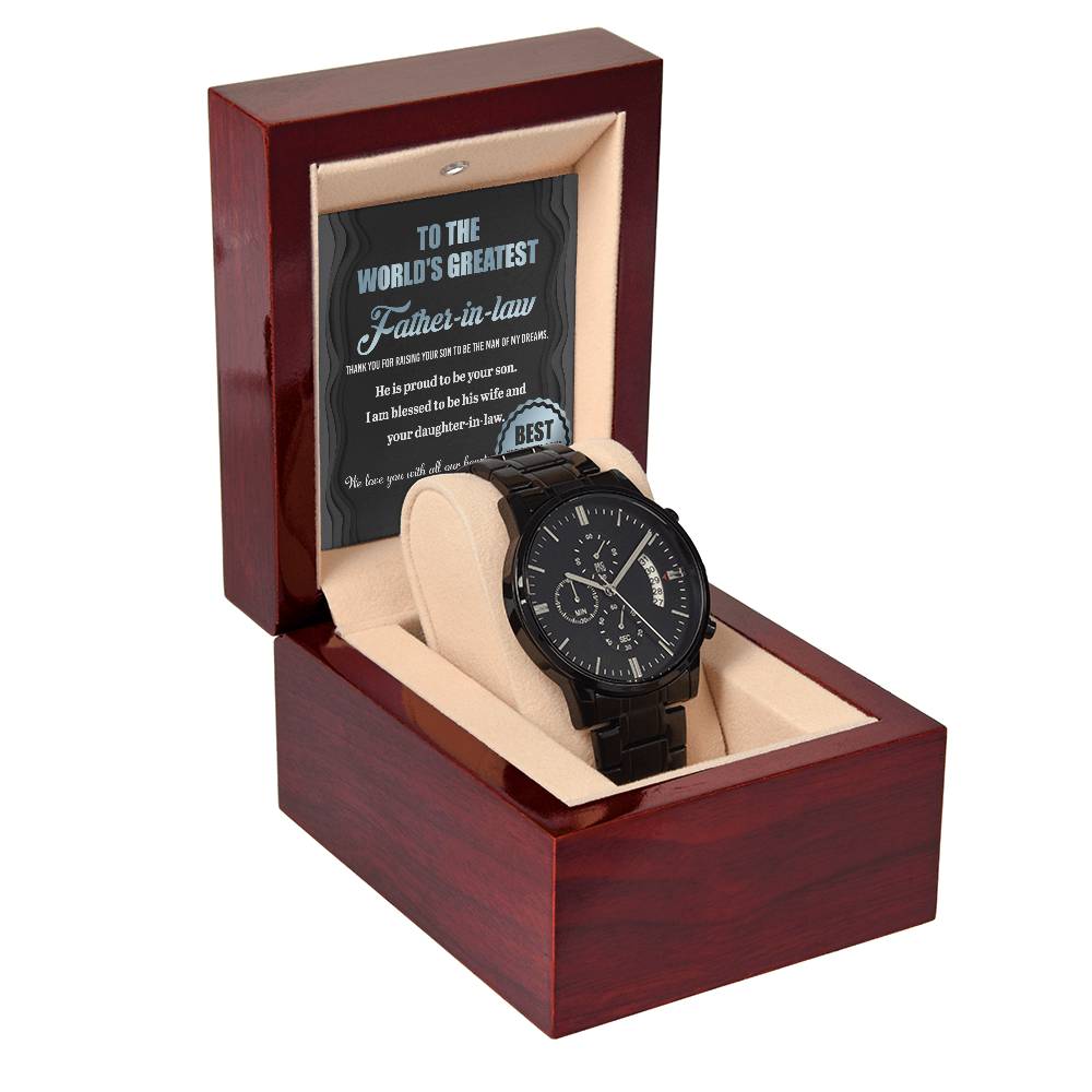 TO THE WORLD'S GREATEST FATHER-IN-LAW - "We Love You With All Our Hearts." - Black Chronograph Men's Watch