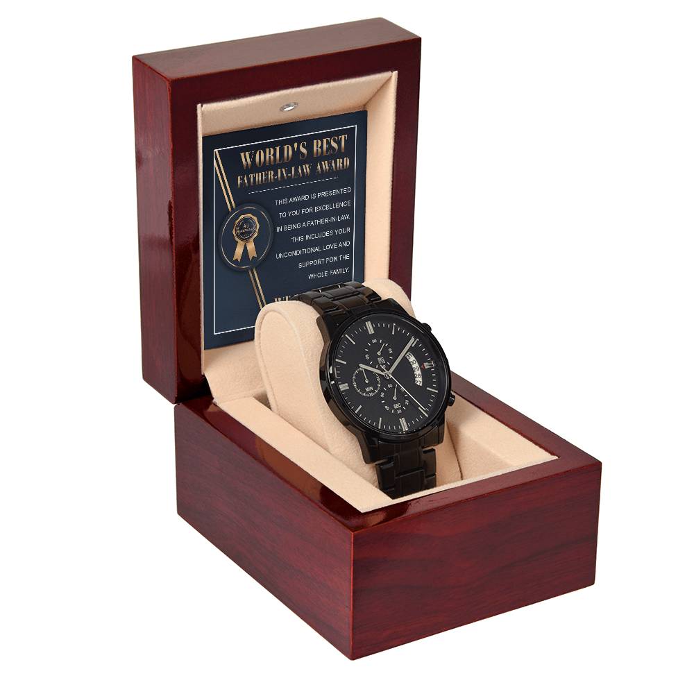 WORLD'S BEST FATHER-IN-LAW AWARD  "WE LOVE YOU!" - Black Chronograph Men's Watch