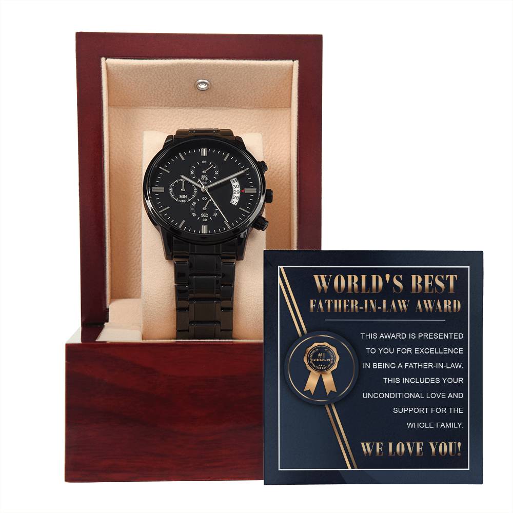 WORLD'S BEST FATHER-IN-LAW AWARD  "WE LOVE YOU!" - Black Chronograph Men's Watch