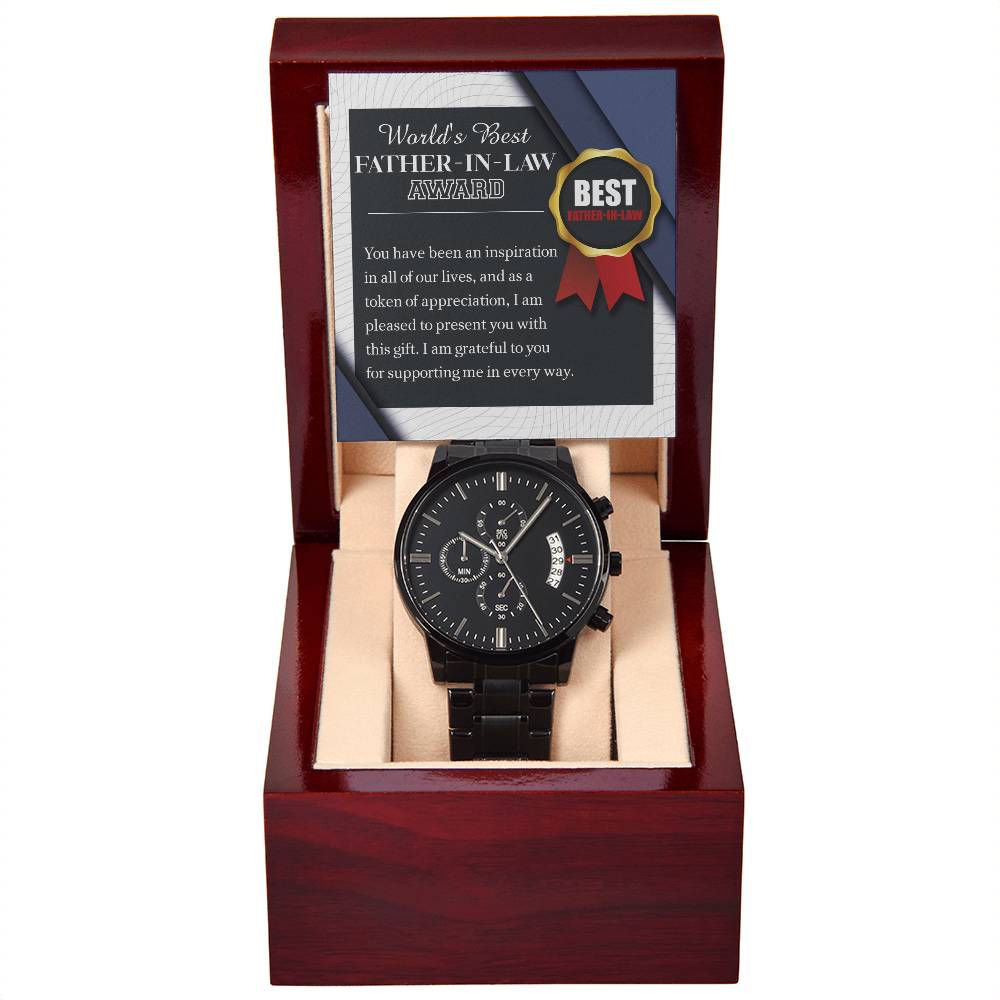 WORLD'S BEST FATHER-IN-LAW AWARD - "I AM GREATFUL TO YOU." - Black Chronograph Men's Watch