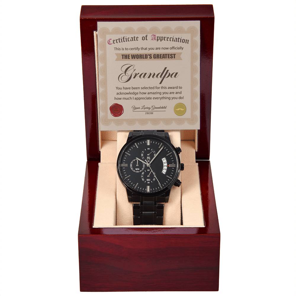 CERTIFICATE OF APPRECIATION - "THE WORLD'S GREATEST GRANDPA"  - Black Chronograph Men's Watch